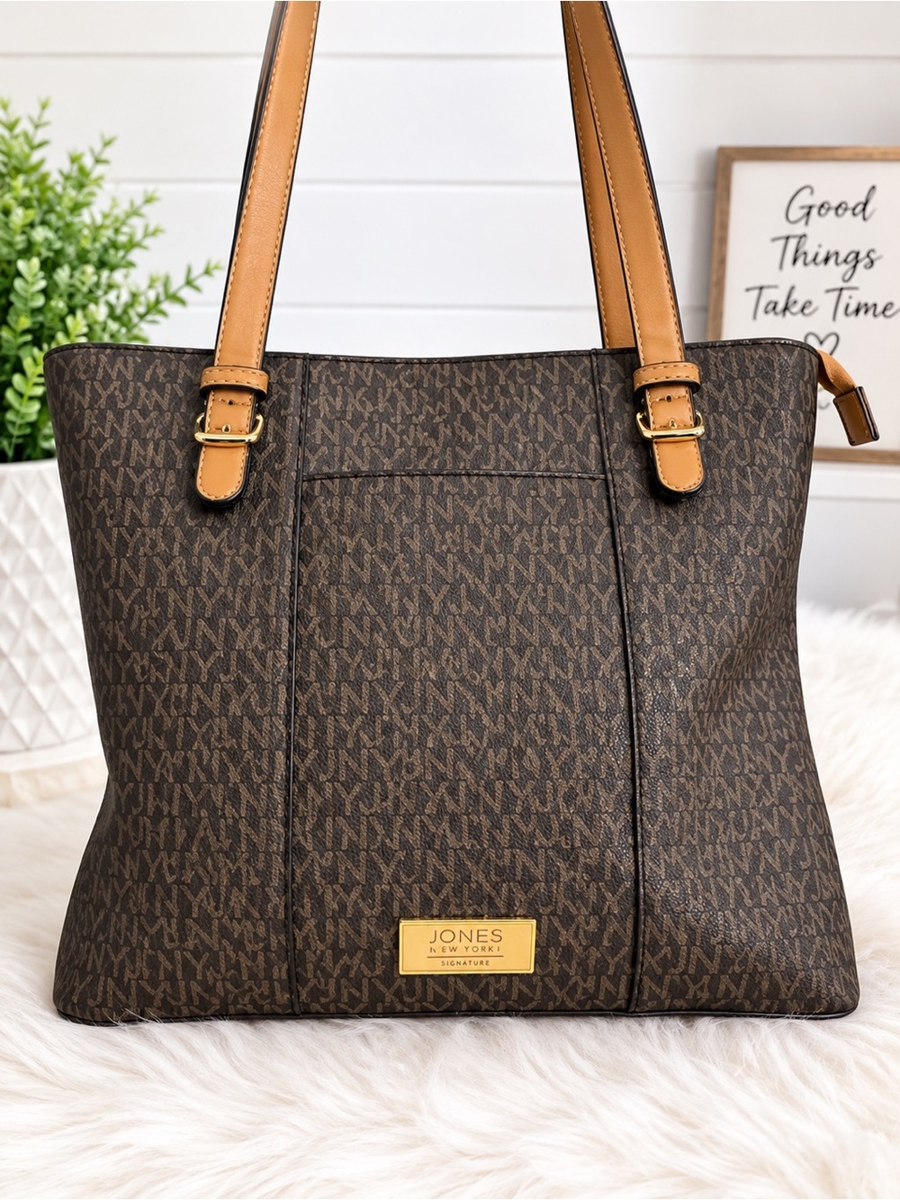 Jones New York Brown Monogram Tote with Tan Straps